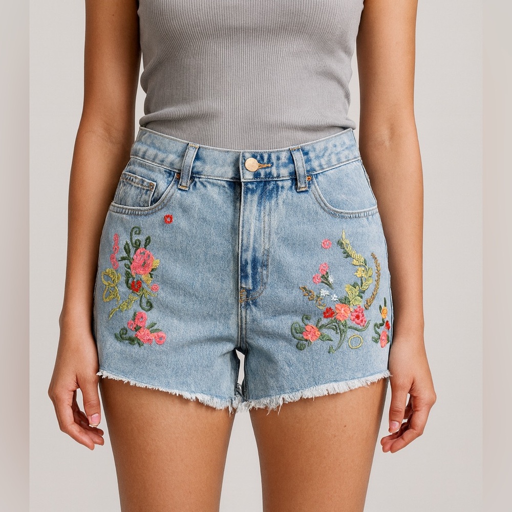 ROMWE Floral Embroidered Jean Shorts - Picture 2 of 10